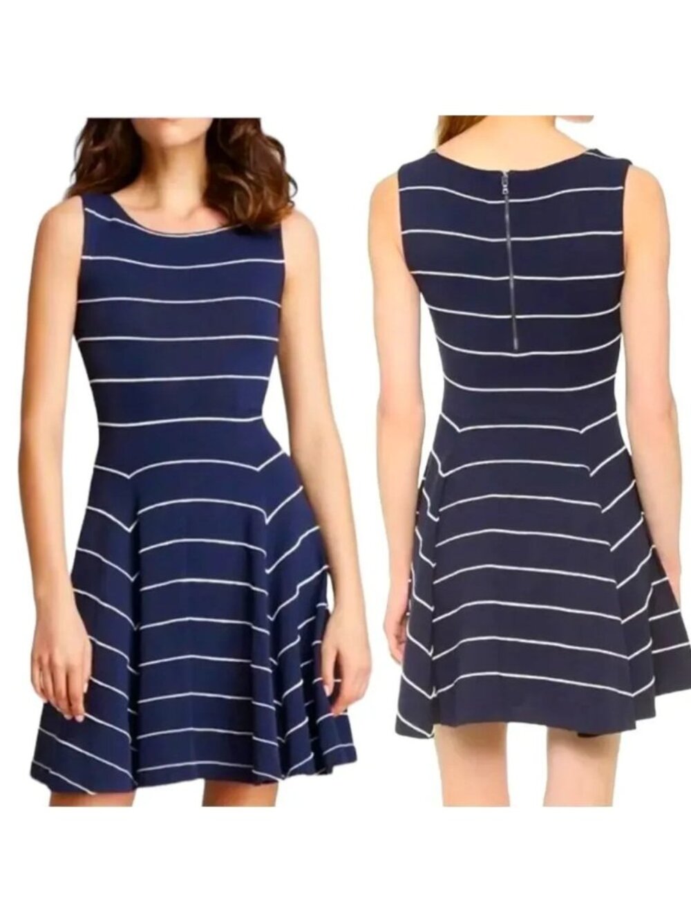 Eliza J Dress Size 10 Navy White Striped Sleeveless Fit Flare